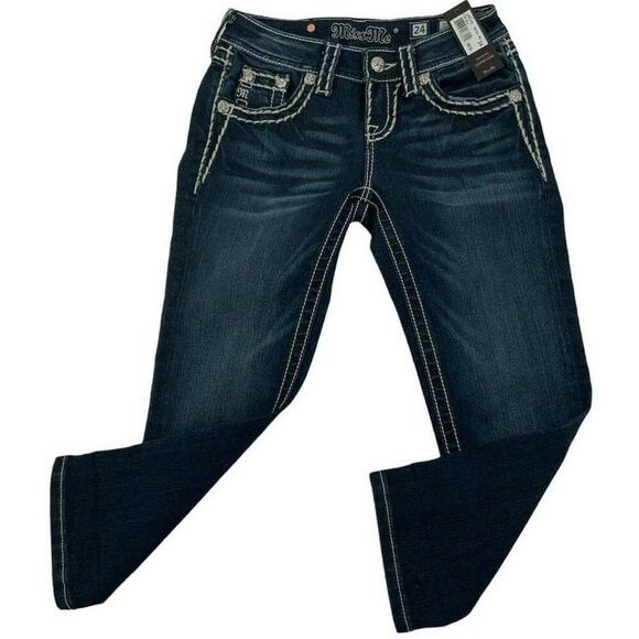 Miss Me Cuffed Capri Jeans Women's 24 Straight Leg Thick Stitches Med Wash Denim - Picture 1 of 12